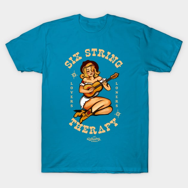 Six String Therapy: Sexy Retro Pinup Guitar Player Girl T-Shirt by The Whiskey Ginger